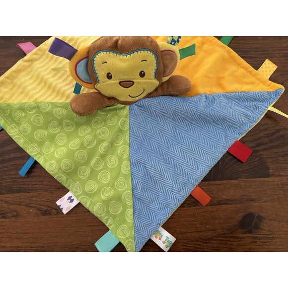 Taggies Monkey Security Blanket Lovey Yellow Blue Green Ribbons Textured 13" - Picture 2 of 7